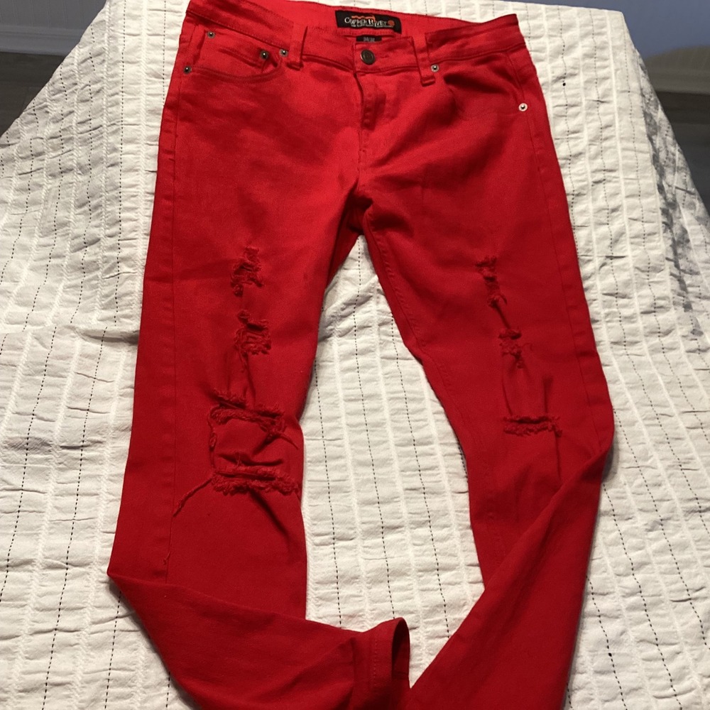 Copper Rivet Mens 34x32 Red Distressed Slim Fit Ripped Denim Jeans Streetwear
